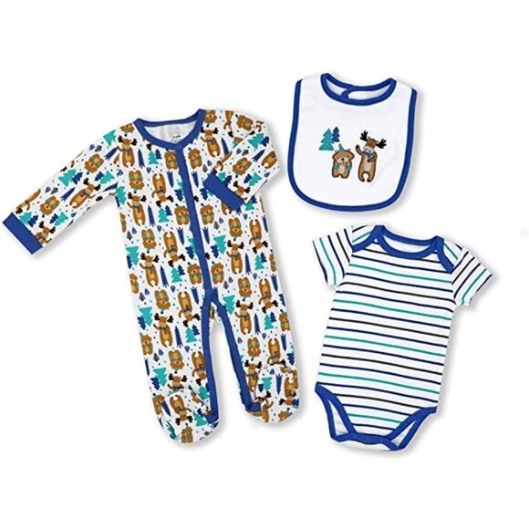 Baby Mode Set ( 3 PC ) Blue Woodland - Sleeper, Bodysuit, and Bib - 0-3 Mos - Picture 1 of 1